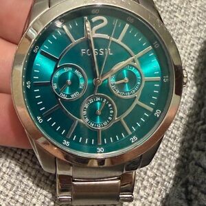 Fossil Silver Watch with Teal Dial